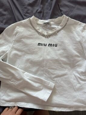 Miu Miu White Long Sleeve Tee with Crystal Neckline